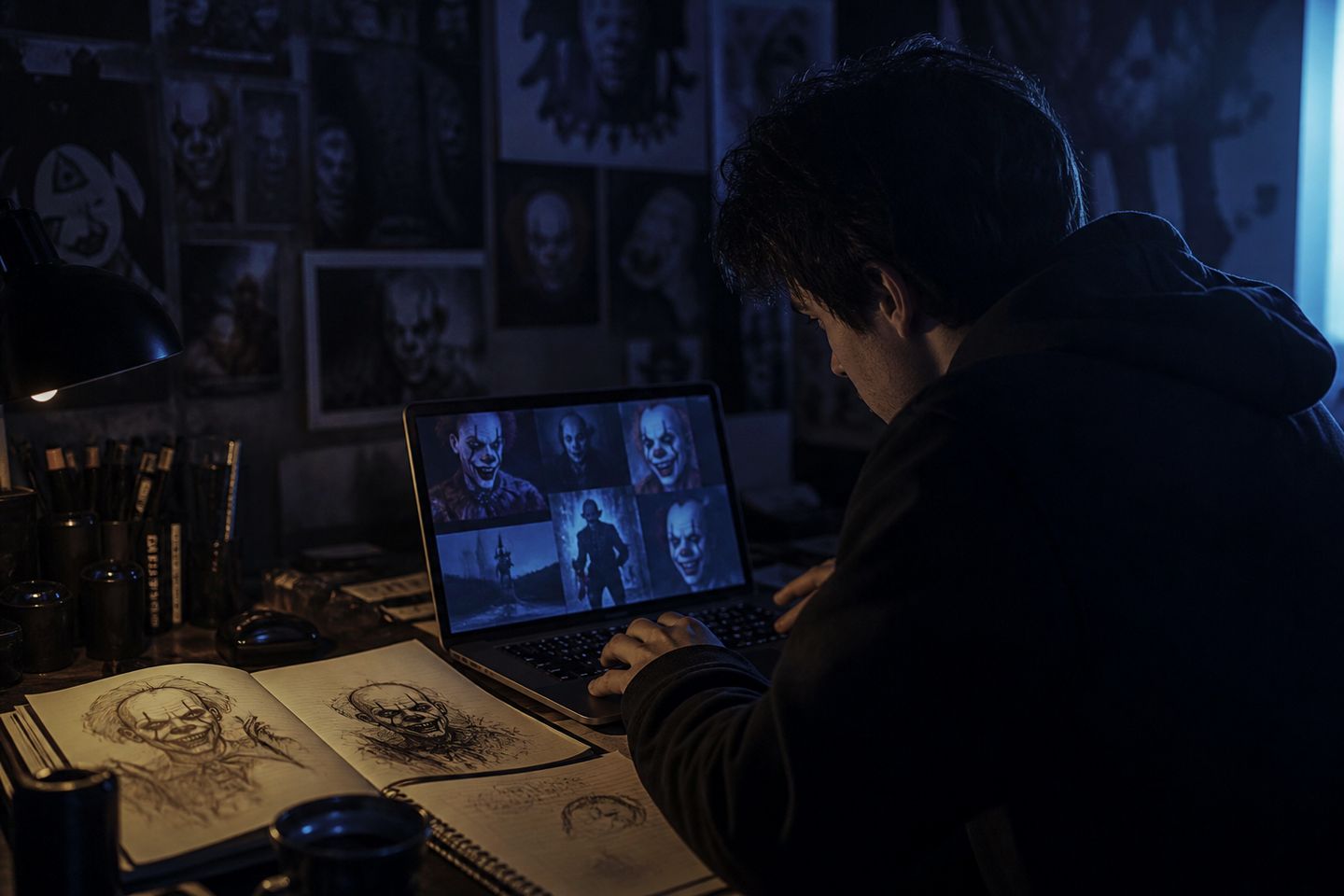 A researcher delves into dark web lore about clown-themed creepypasta in a shadowy room.