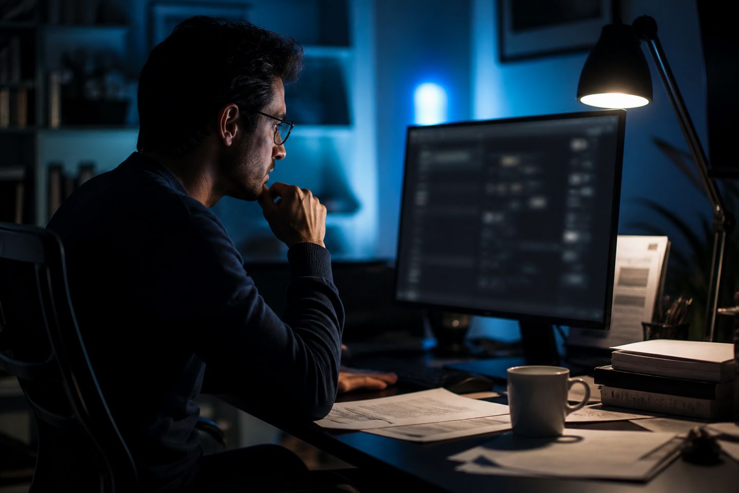 A researcher deeply engaged in exploring dark web content on a desktop.