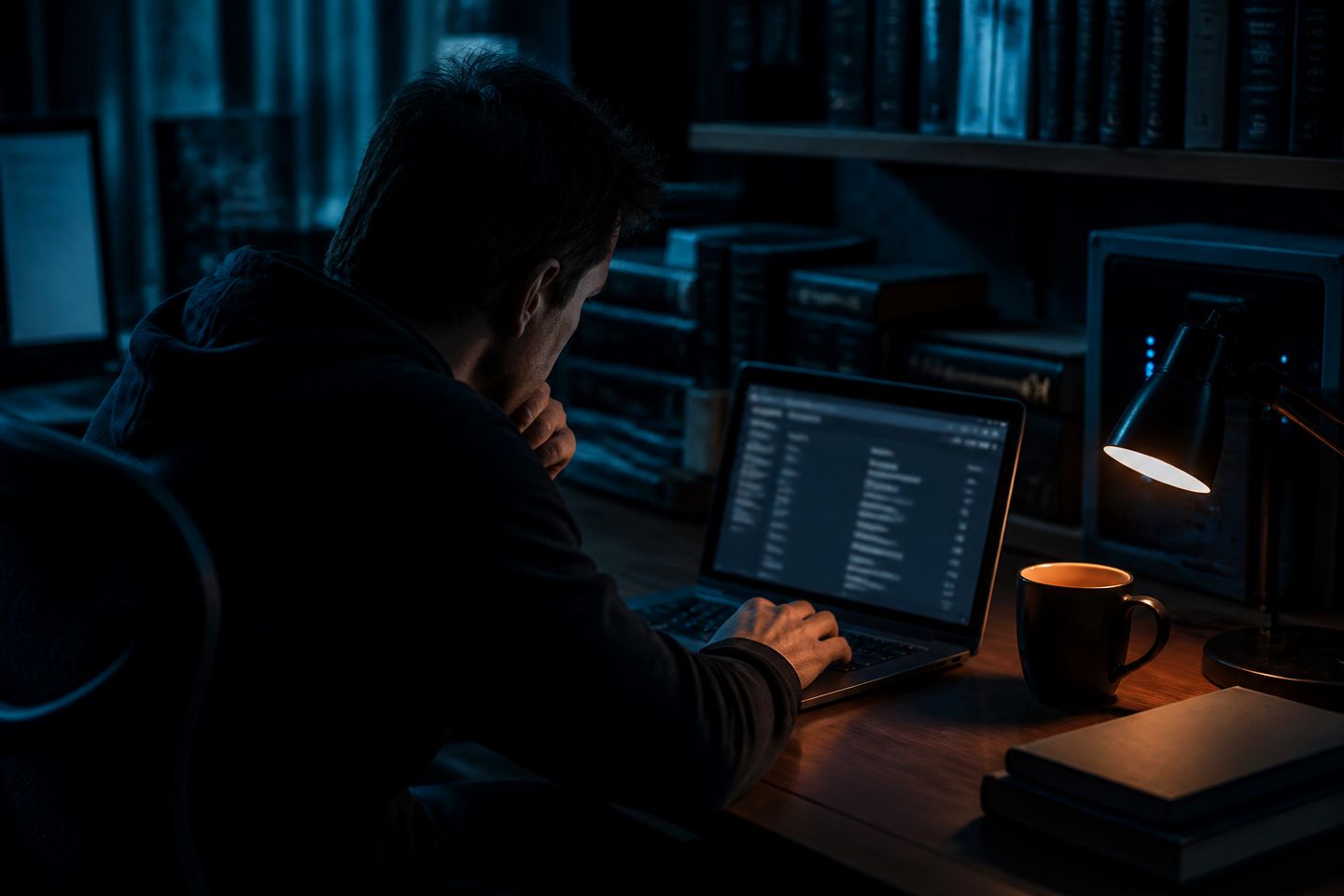 A user exploring the Hidden Wiki directory on a laptop in a dimly lit room.
