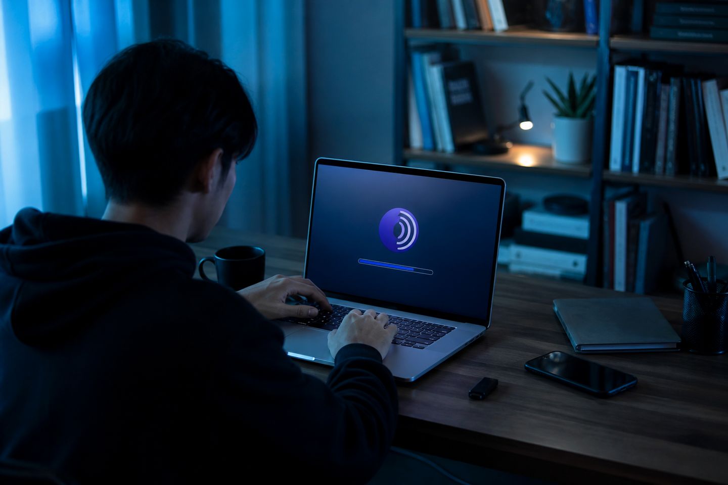 A user is securely downloading the Tor Browser on a laptop at a modern desk.