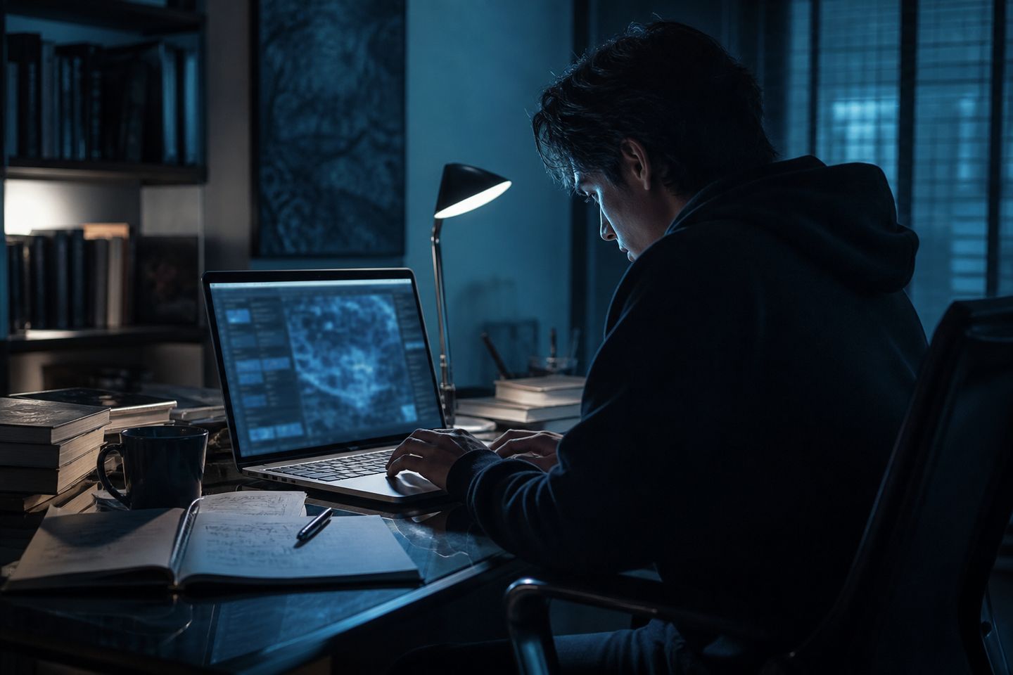 A researcher deeply engaged in exploring Hidden Wiki Korea on a laptop in a dimly lit room.
