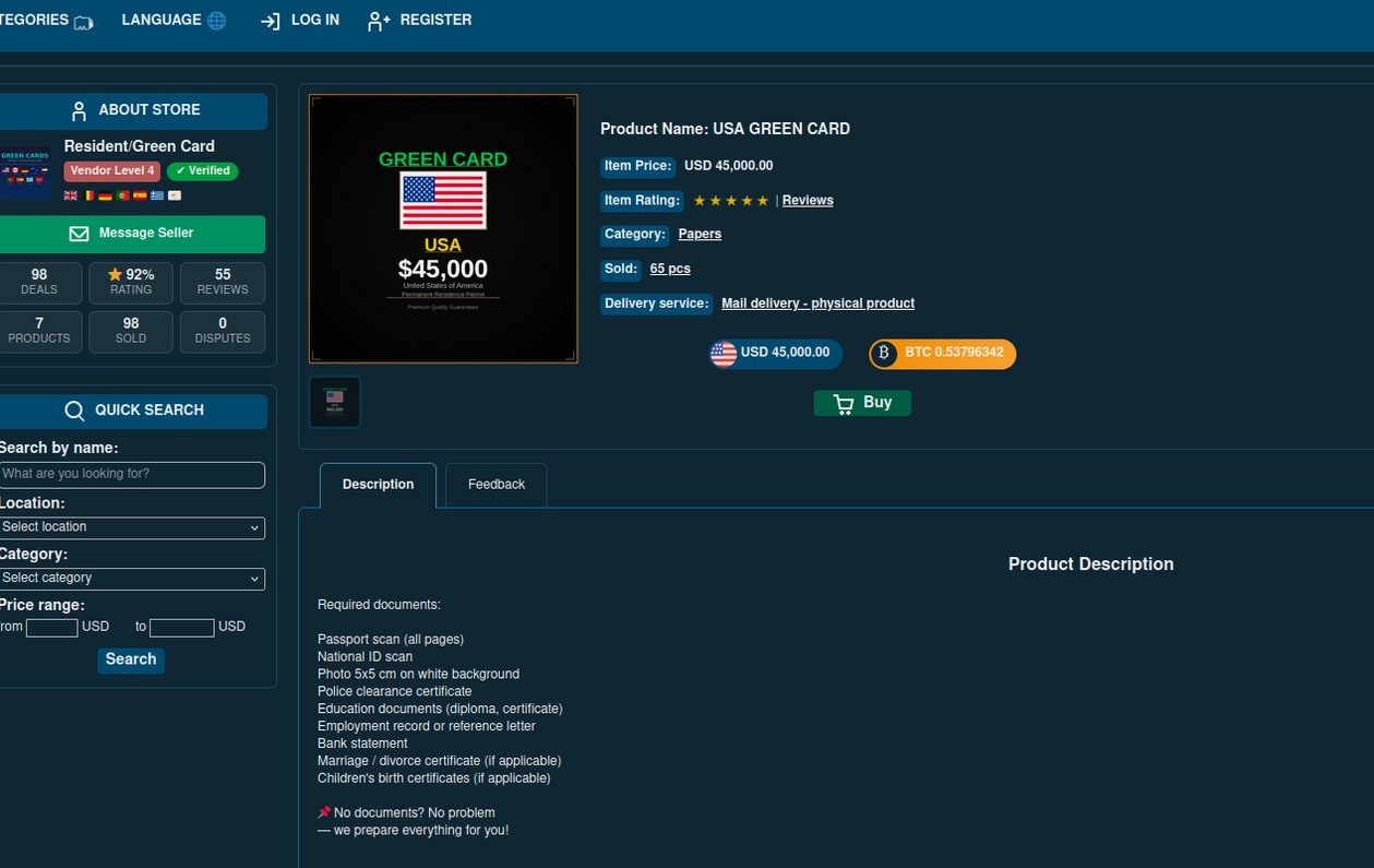 Advertisement offering a US green card for forty five thousand dollars with product details and requirements.