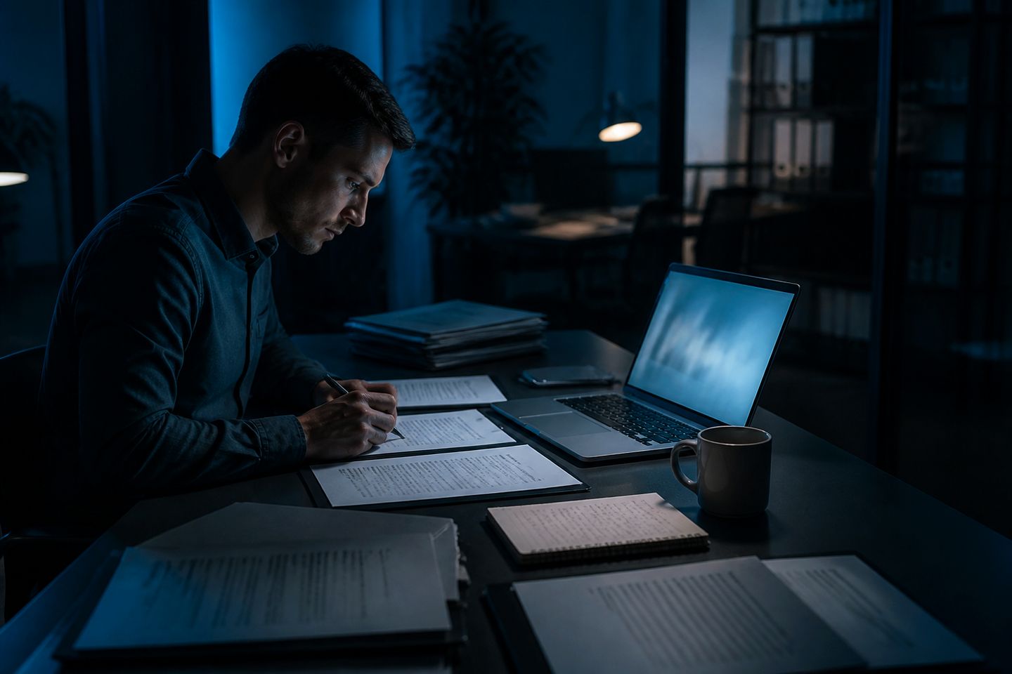 A researcher deeply engaged in reviewing privacy policy documents at an office desk.