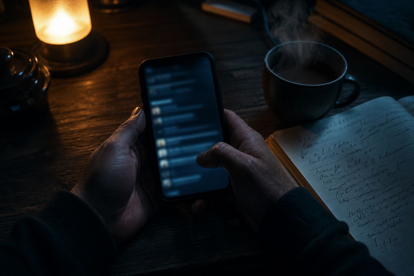 A user sits at a kitchen table, exploring the Hidden Wiki on a smartphone.
