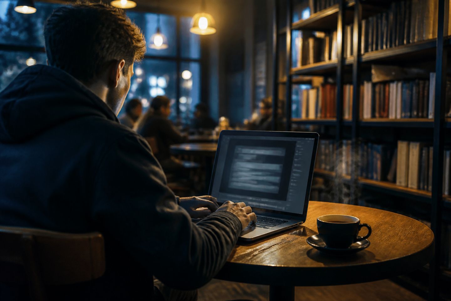 A researcher deeply engaged with the Hidden Wiki on a laptop in a café.