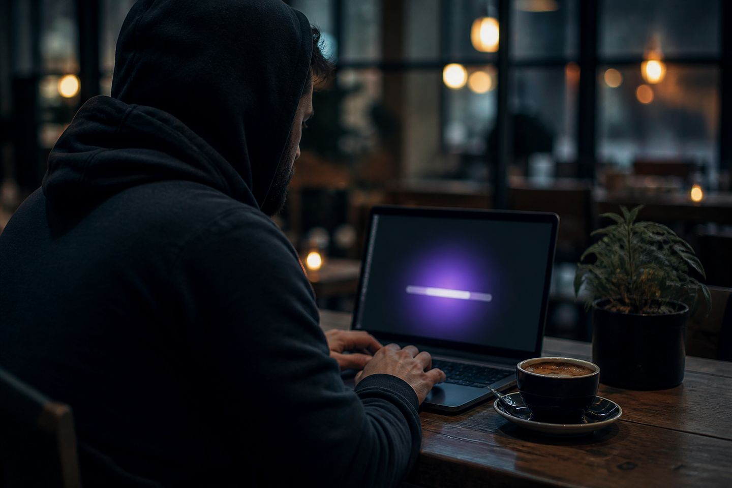A user in a cafe attentively downloading Tor Browser on their laptop.