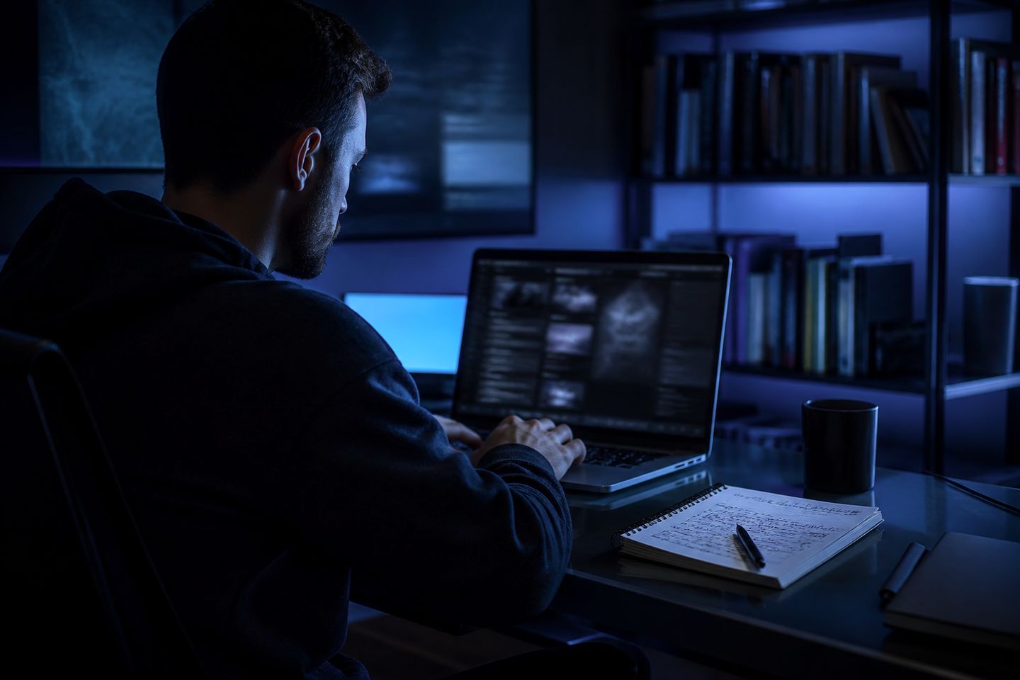 A researcher deeply engaged in exploring dark web resources in an office setting.