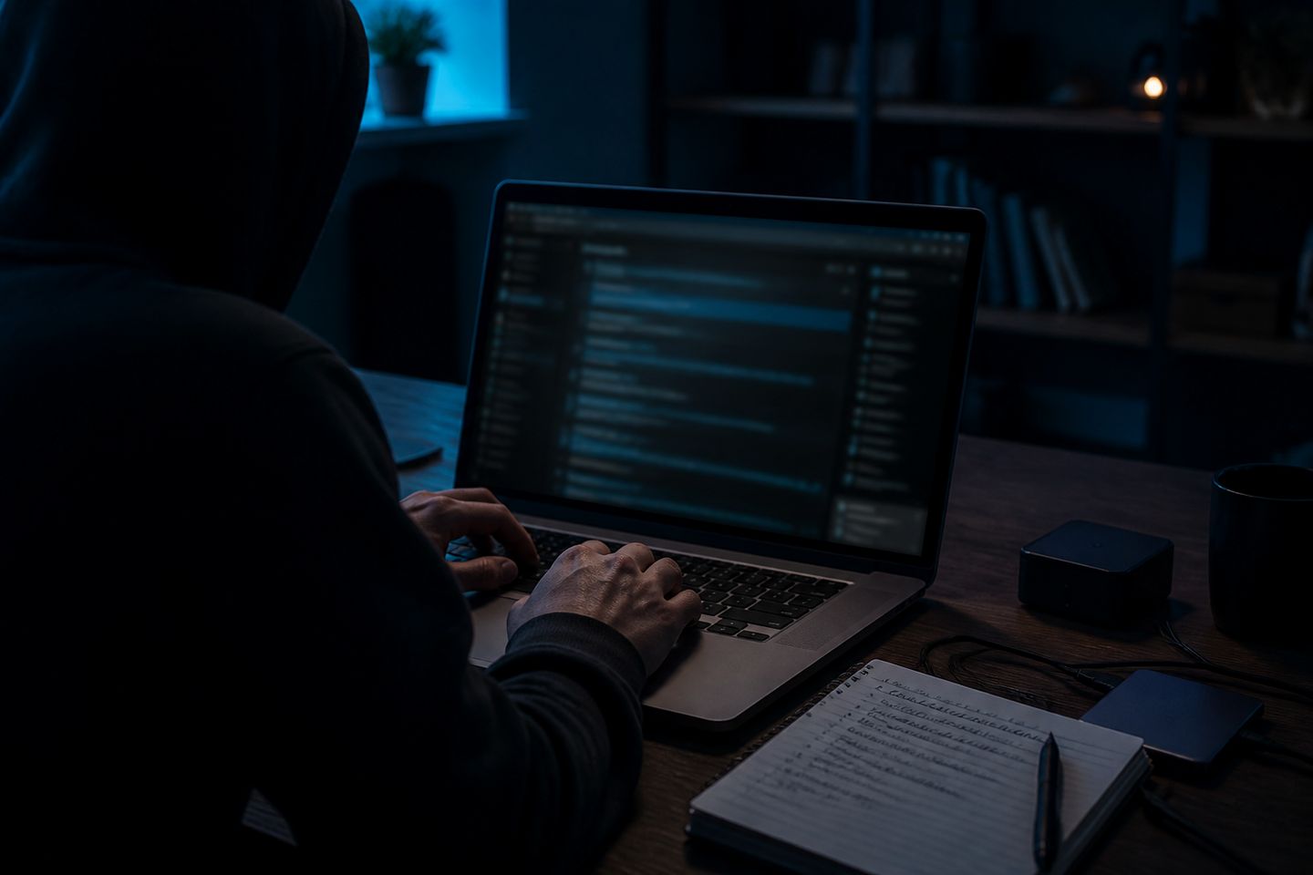 A user studies Hidden Wiki links in a softly illuminated workspace.